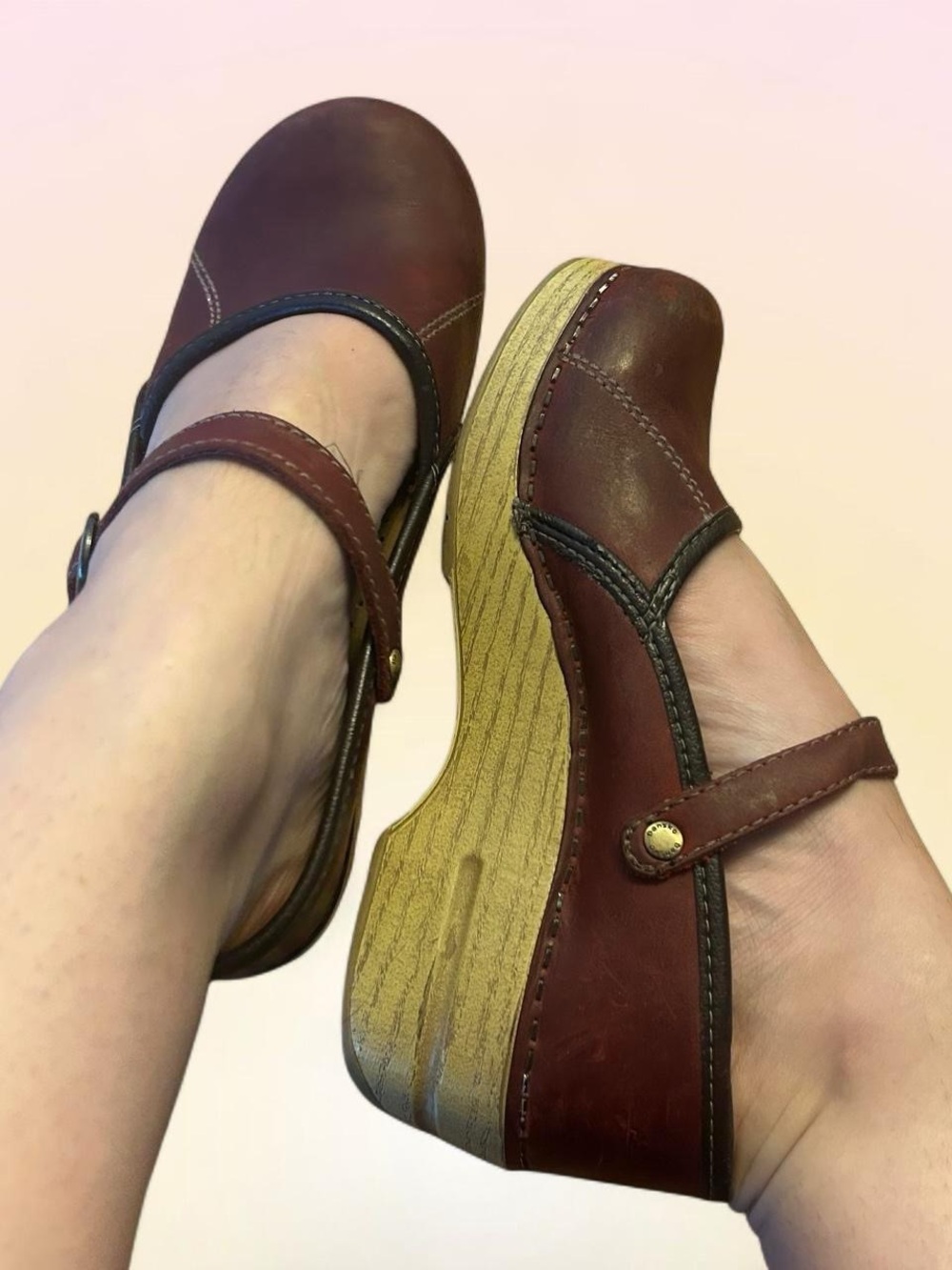 Vintage Dansko Burgundy Leather Mary Jane Clogs with Wood Wedge Sole Sz. 6